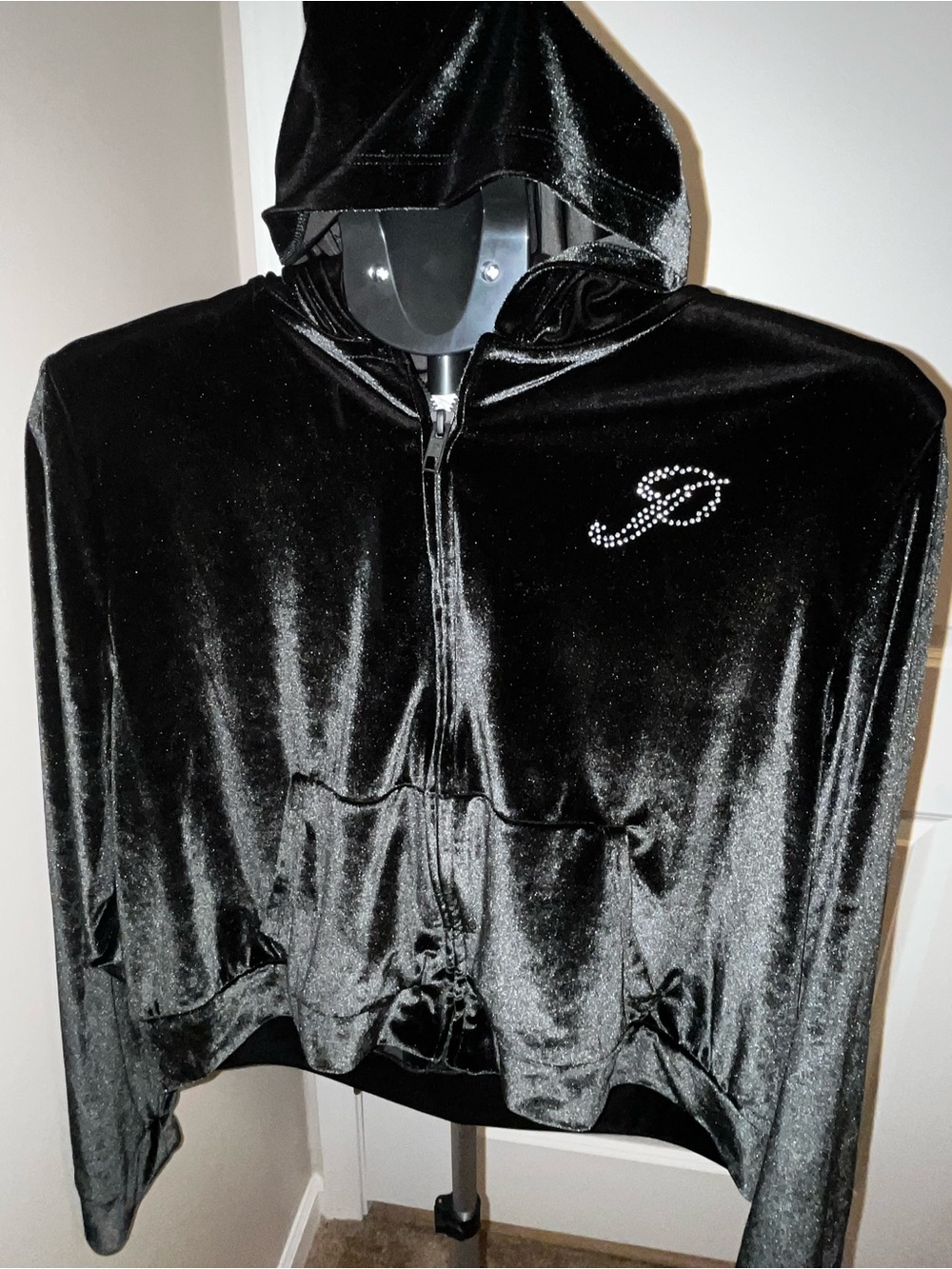 PINK Victoria's Secret Black Velour Zip Hoodie with Rhinestone 'P'